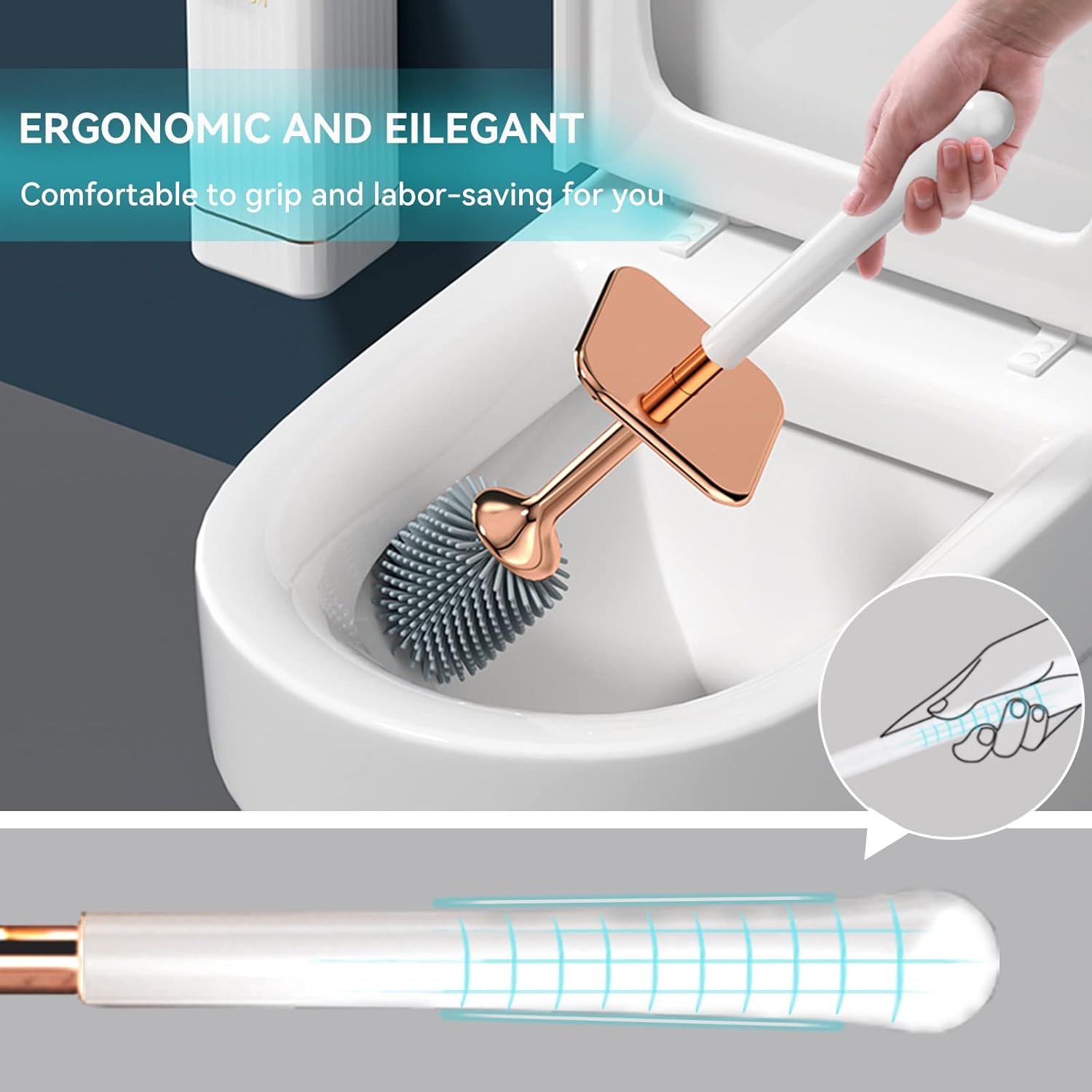 Toilet Brush and Holder, Elegant 2 Pack Silicone Toilet Bowl Brush Set with Ergonomic Long Handle, Modern Bathroom Decor Cleaning Accessories,