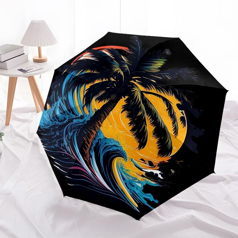 

1pc Ocean Wave Sunset Palm Tree Surfing Umbrella with Plastic Handle,Compact & Stylish,Cartoon Pattern,Outdoor UmbrellaPT447