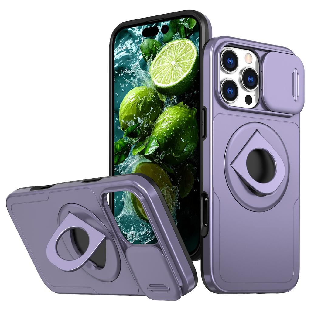 For iPhone 16 Pro Magnetic Phone Case TPU+PC Cover with Kickstand and Slide Lens Lid