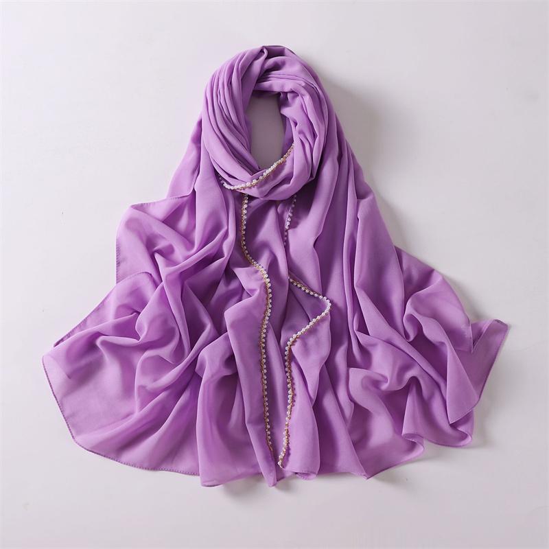 Luxury  Pearl Chain Bubble Chiffon Hijab Veil Ramadan Long Necklace Scarf Shawl Headscarf Bufandas Muslim Headband 175*70Cm