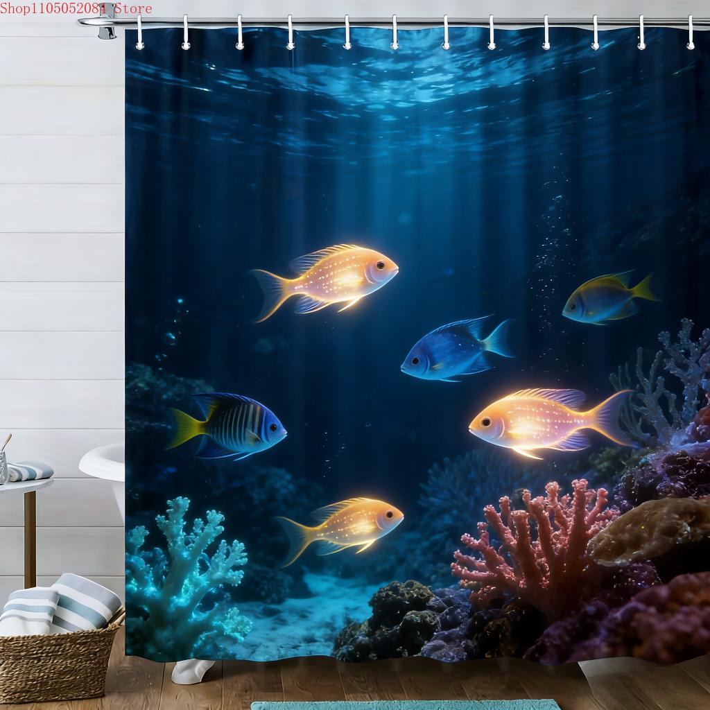 3D Glowing Tropical Fish Coral Reef Underwater Shower Curtain - Waterproof Polyester Bathroom Decor