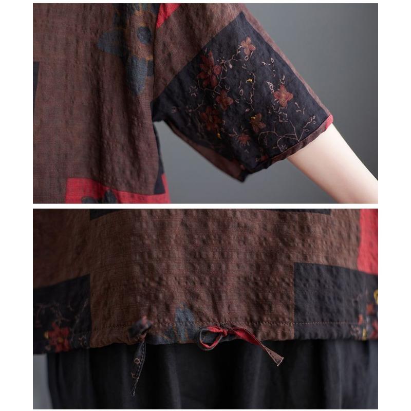 Retro Bedruckte Leinen Kurzarm Tops Sommer Dünn Lässig Locker sitzend Blasen Baumwolle und Leinen Herz-Ausschnitt T-Shirts