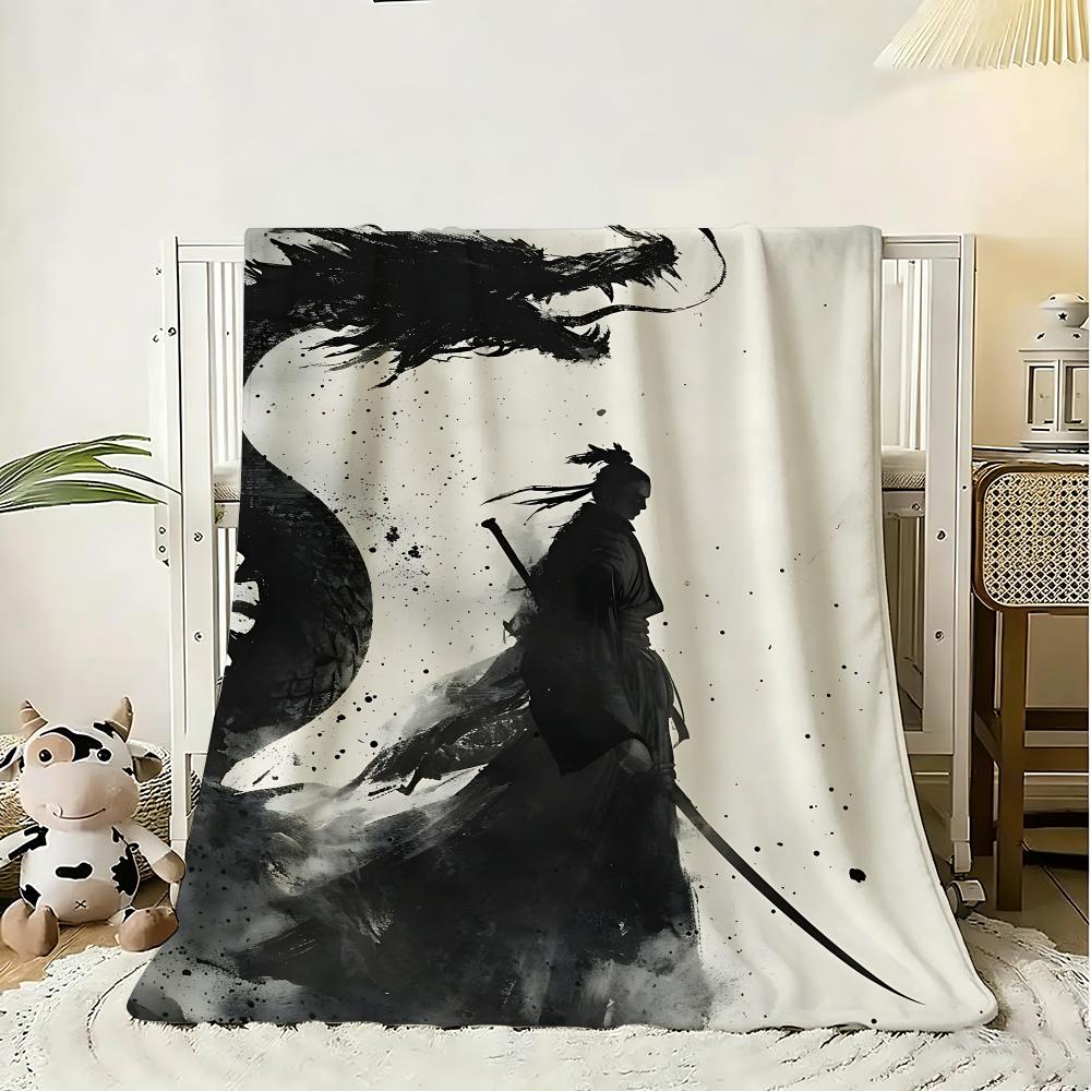 Asian Ink Style Dragon Shadow Waves Art Throw 240g Flannel Blanket Lightweight Soft Skin-friendly Summer Thin Throw Blanket 75x90cm