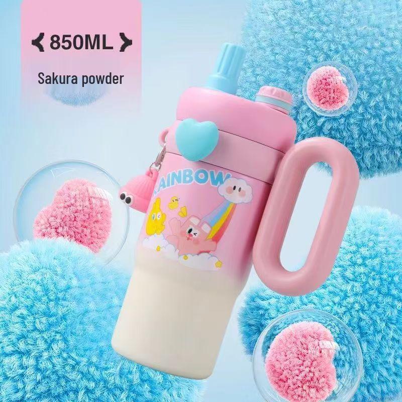 850ml Insulated Stainless Steel Student Thermos Cup with Straw - Portable Sport & Outdoor Ice Buster Handheld Insulated Flask