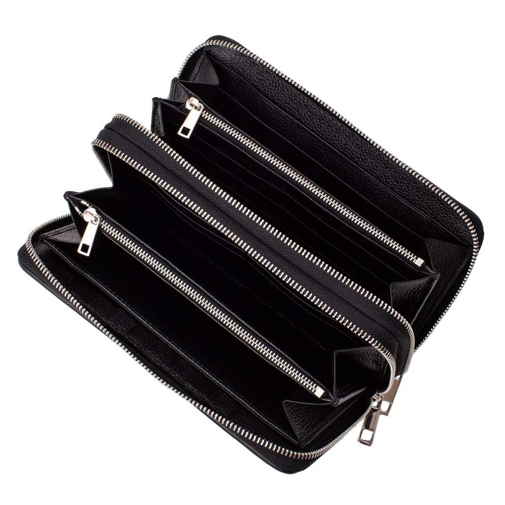 [Revetta] Crocodile Leather Long Wallet for Men, Genuine Leather, Black, Large Capacity, 40 Card Slots, Double Round Zipper, Silver, Single Piece Leat