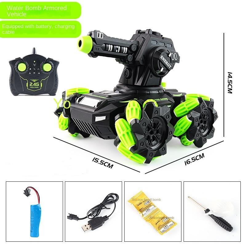 

2.4G RC Tank Автомобиль с дистанционным управлением, боевой танк с дистанционным управлением, вращающаяся на 360 ° боковая прокрутка, дрейф, стрельба водяными бомбами с музыкой и светодиодом на открытом воздухе 16.5*15.5*14.5cm зелёный