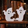 Cute Halloween Room Decor Ghost Wooden Table Sign, Spooky White Standing Modern Farmhouse Accents Block Sign for Holiday Tiered Tray Centerpiece,