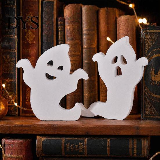 Cute Halloween Room Decor Ghost Wooden Table Sign, Spooky White Standing Modern Farmhouse Accents Block Sign for Holiday Tiered Tray Centerpiece,