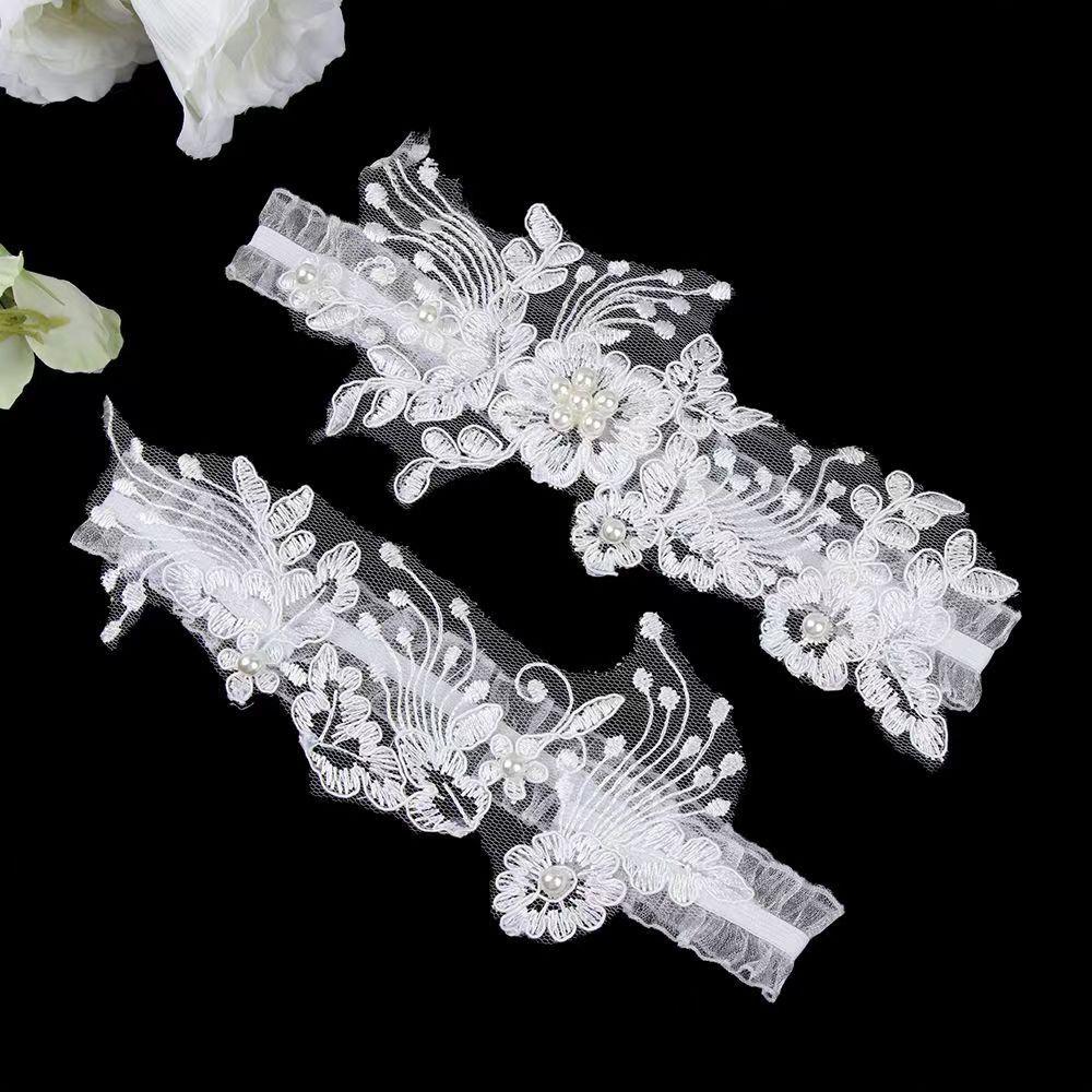2Pcs Fashion Women Bride Sexy Lace Flower Rhinestones Pearls Wedding Garter White Thigh Leg Garter Ring For Wedding Accessories