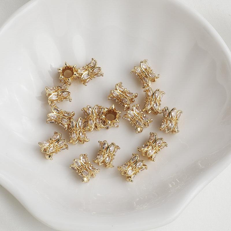 14K Gold Plated Zircon Hollow Barrel Spacer Beads - Small Waist Flower Beading Material DIY Accessories