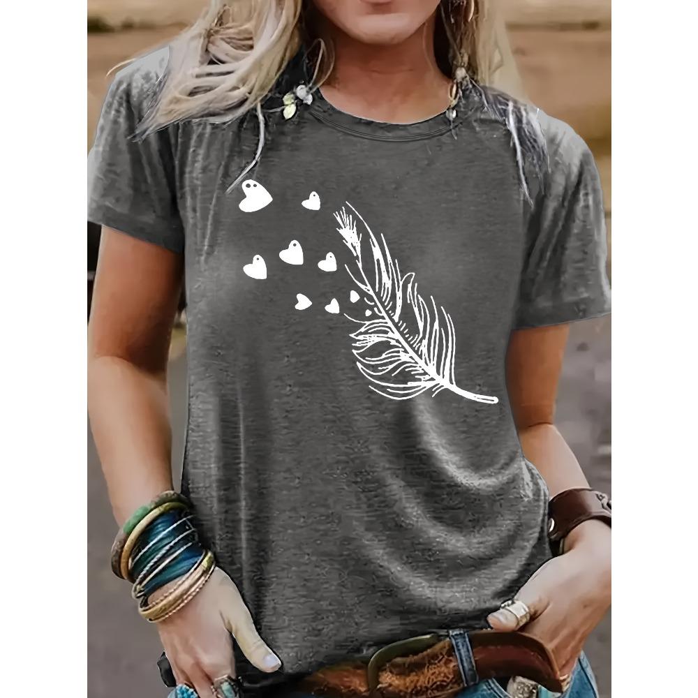 Blue Feather & Hearts Women's Tee - Delicate Graphic, Soft Romantic Print for Casual Daily Wear