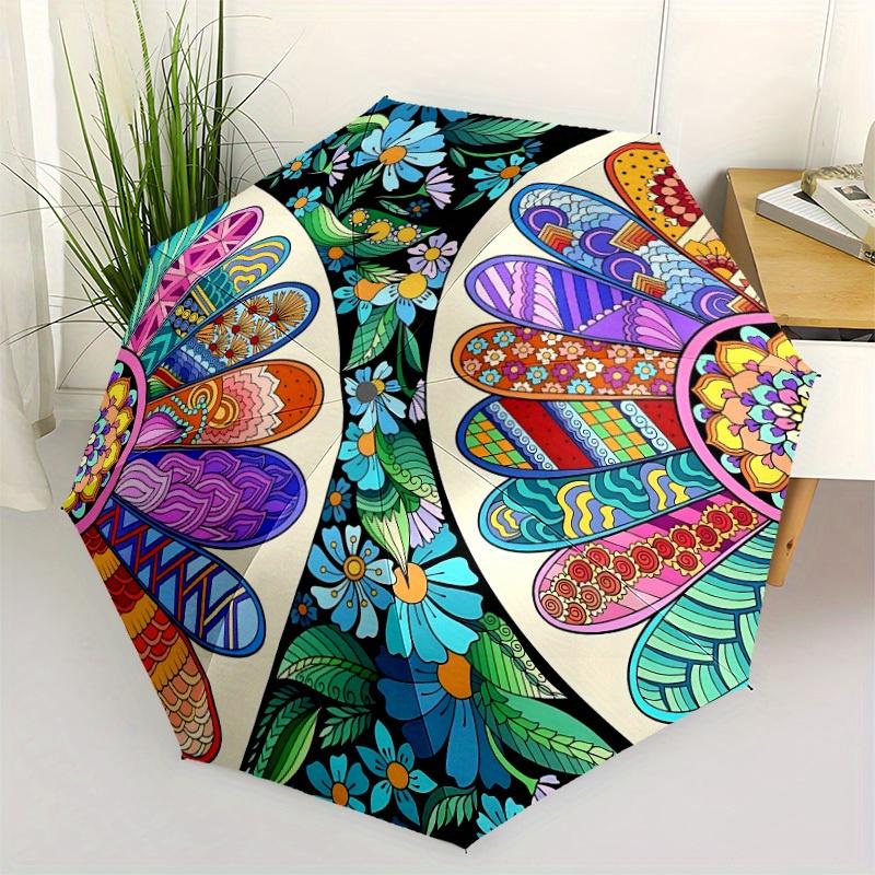 1pc Floral Mandala Folding Umbrella With Excellent UV Protection, 8 Ribs Casual Durable Lightweight Portable Travelling Umbrella For Men & W