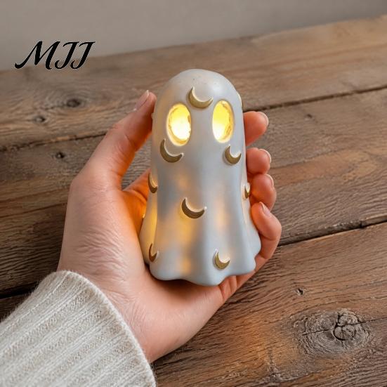 Small Night Light for Bedroom Halloween Ghost Decoration, Cute Up Figurine, Spooky Resin Gift Birthday Statue with LED Shelf Mantel Indoor Home Decor