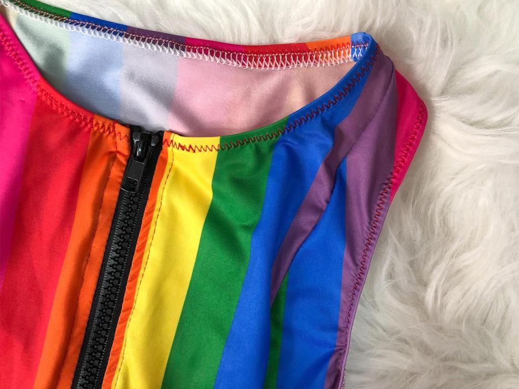 Regenbogenstreifen Reißverschluss Schlitz Zweiteiliges Bikini-Set