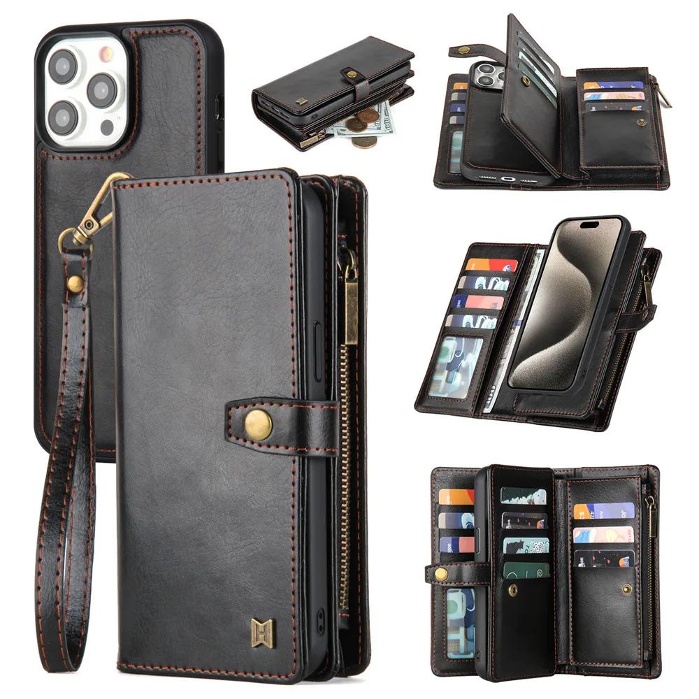 2 in 1 Detachable Cards Solt Zipper Purse Wallet Case For iPhone 16 Pro Max 15 14 Plus 13 12 11 XS X Magnetic Flip Leather Case