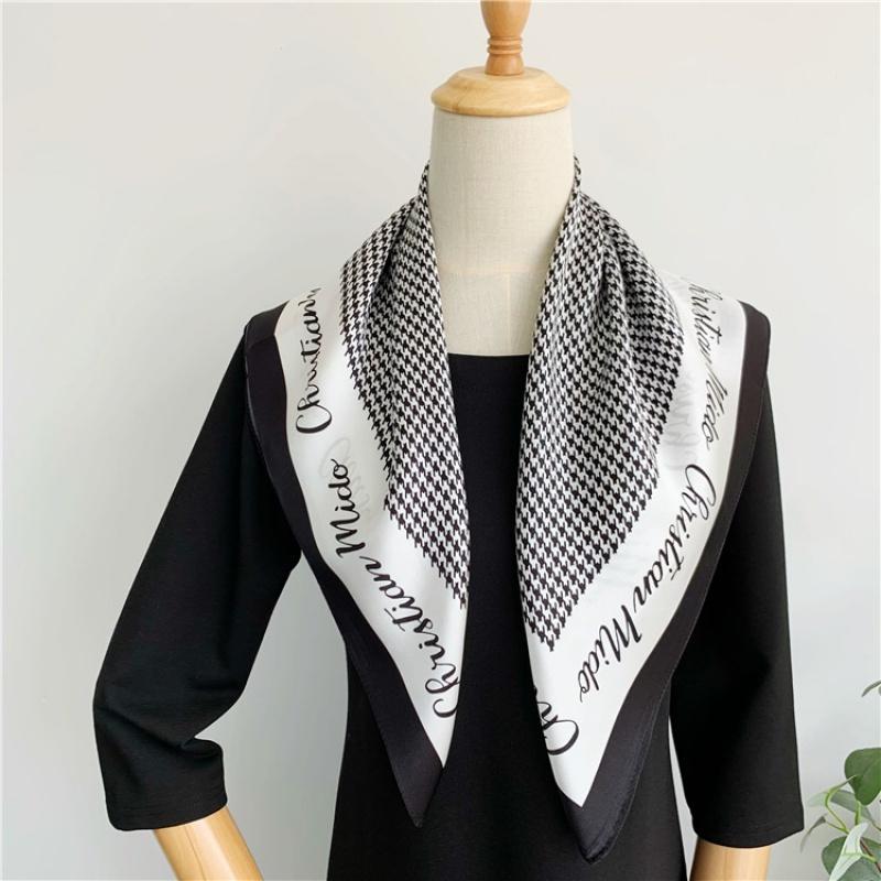 26.77" Black White Houndstooth Letter Square Scarf Thin Satin Shawl Elegant Style Sunscreen Headscarf For Women