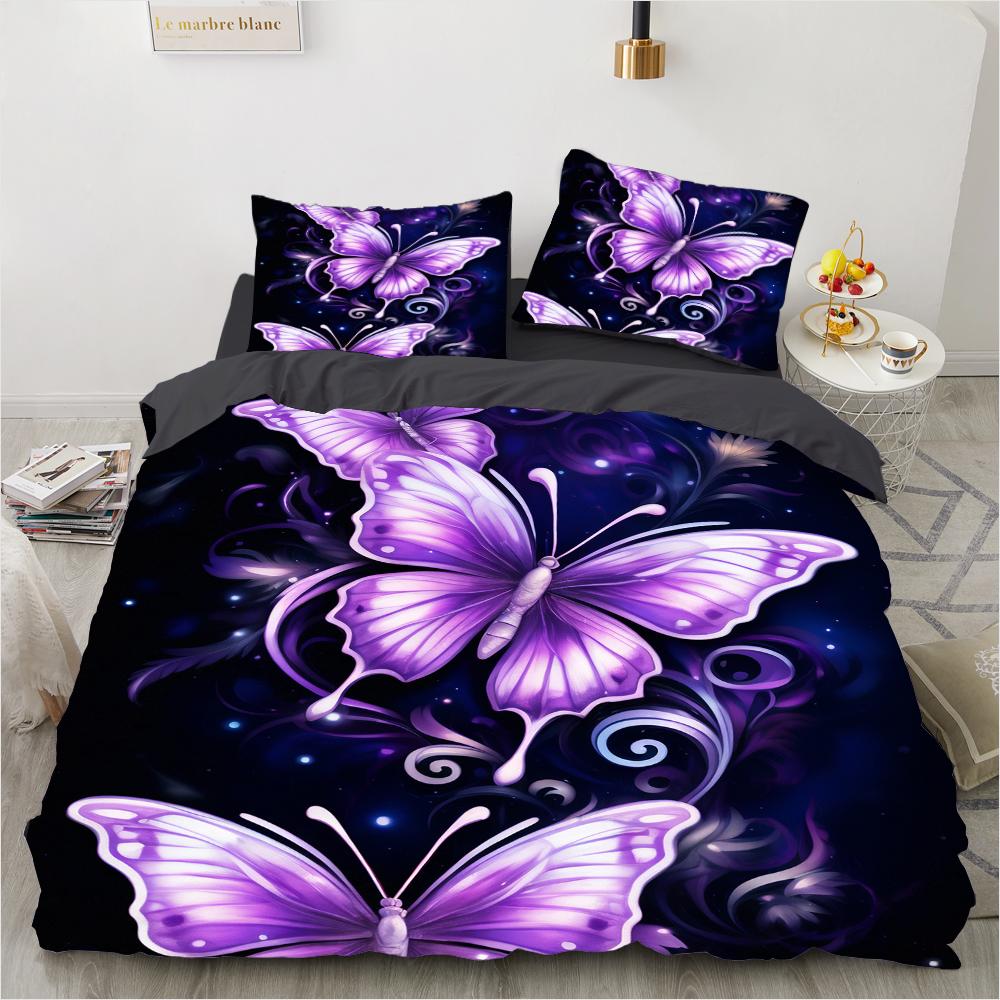 3D Digital Luxury Bedding Set Printed Purple Bohemian Butterfly Duvet Cover Queen King Size Floral Set 3 Pcs With 2 Pillowcases