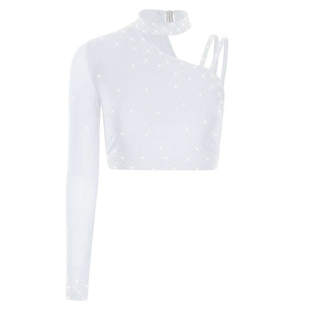 Womens Latin Dance Crop Top Single Long Sleeve Asymmetrical Shoulder Sparkly Rhinestone Top Belly Dancewear