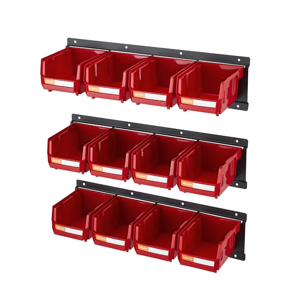Wall Mounted Storage Bins, 12 Plastic Bins & 3 Metal Rails, Plastic Hanging Stackable Storage Bin for Screws, Nuts, Bolts, Nails, Hardware Tool