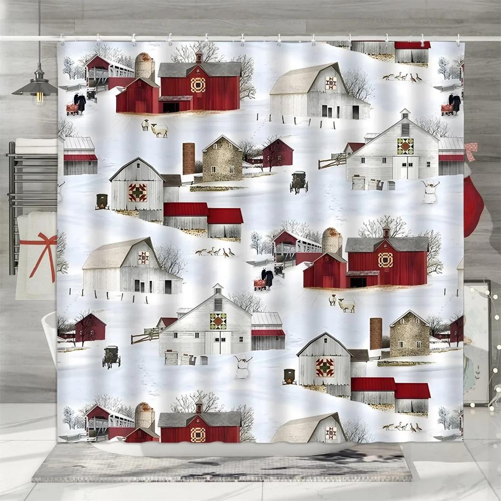 Cortina de Chuveiro de Natal, Boneco de Neve de Inverno Papai Noel Caminhão Rústico Floco de Neve Árvore de Natal Pássaro Vermelho Decoração de Banheiro
