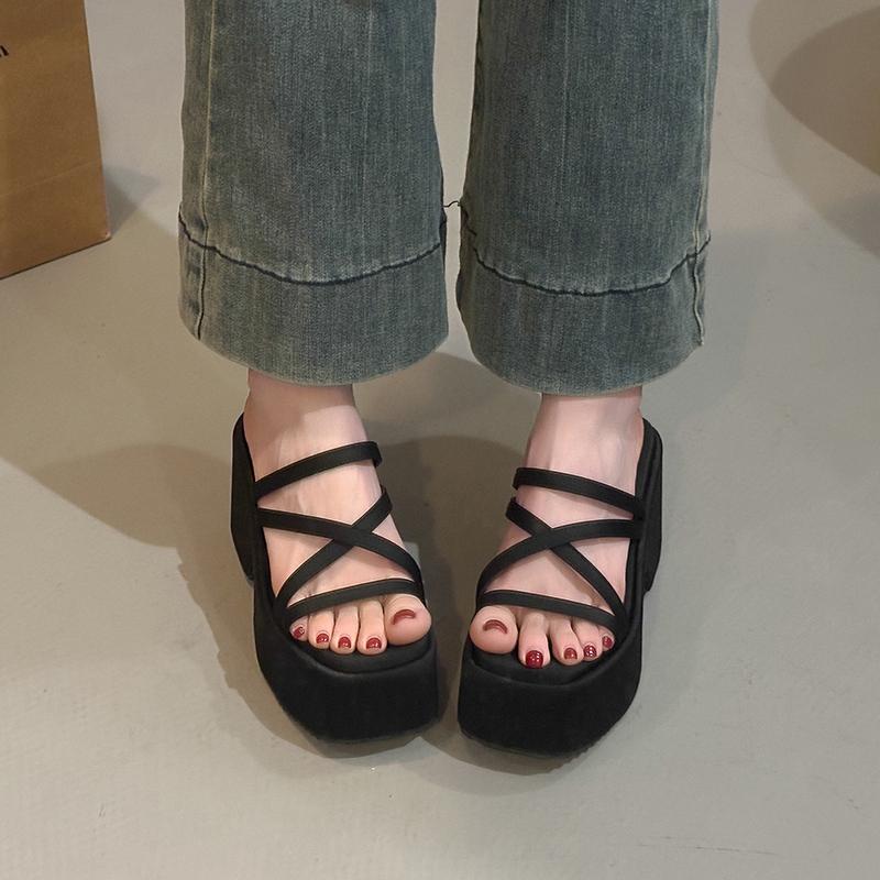 Fashion Summer Platform Heel Women Slippers Fashion Open Toe Narrow Band Slide Ladies Elegant Street Style Shoes
