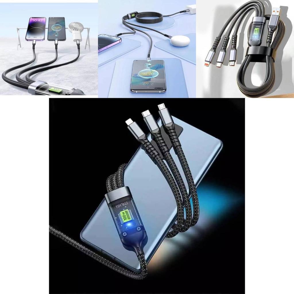 Transparent Fast Charging 3-in-1 Braided Cable With Led Indicator For Huawei Apple Android 100w
