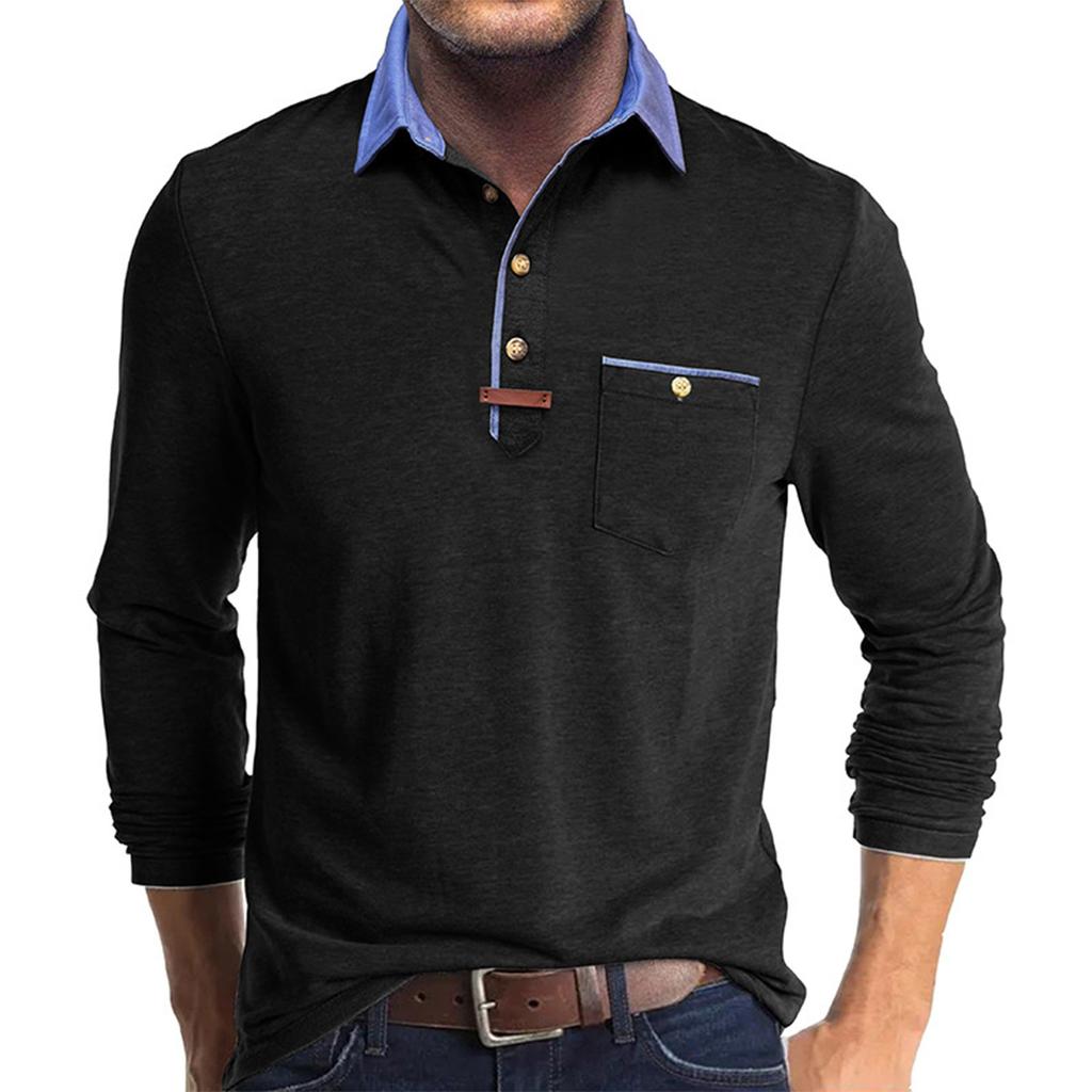 Herren Frühlings- und Farb-T-Shirt mit Kragen 3 Knöpfe Offene Knopfleiste Knöpfe Langärmliges Oberteil