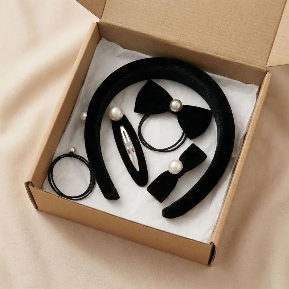 Black Velvet Pearl Hair Accessory 5-Piece Set: Headband, Hair Pin, Claw Clip 5 types of black