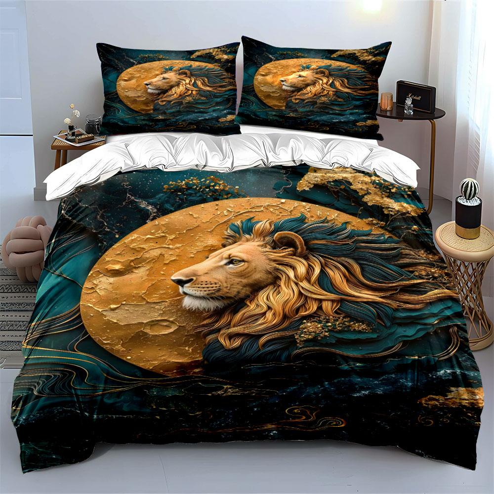 Majestic Lion with Golden Moon Print Bedding Set 1 Duvet Cover 2 Pillowcases for Adult and Children Luxury Gift Full Size