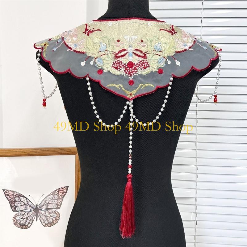 49MD Embroidered Butterfly Floral False Collar Traditional Chinese Styles Beaded Tassels Pendant Shawl Capes Scarf for Women