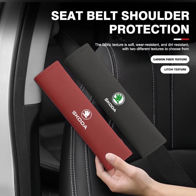 AEZ1 2Pcs Leather Car Seat Belt Covers Shoulder Protective Pad For Skoda Kylaq Elroq Kodiaq Octavia Enyaq Scala Superb Karoq VRS Yeti
