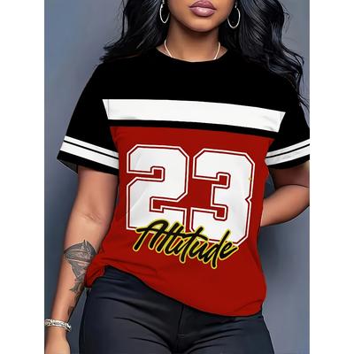 Women's Contrasting Color Numbers and Letters Printed Short-sleeved T-shirt Summer Women's Casual Top T-shirt