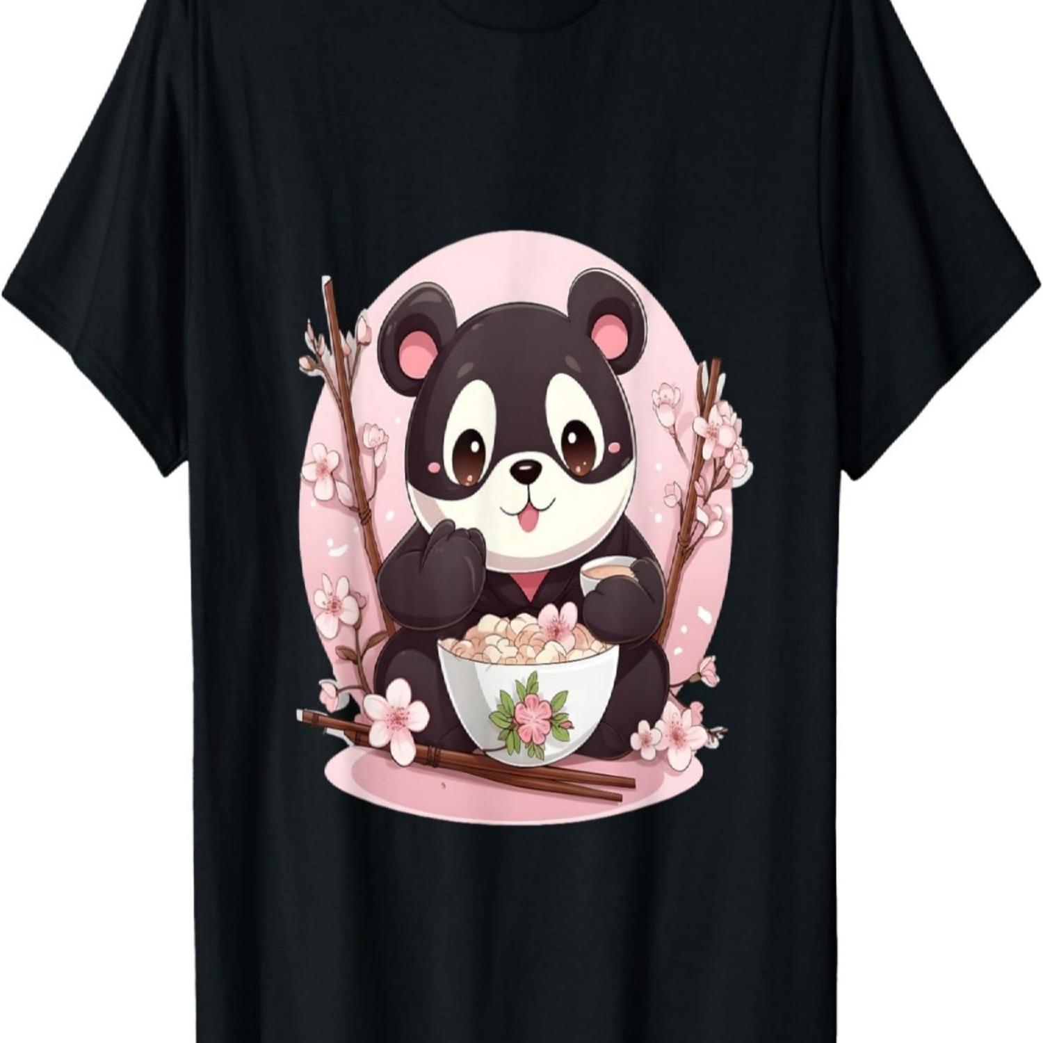 Otaku Kawaii Anime Panda Eat Ramen Noodles Cherry Blossom T-Shirt(3) S чёрный