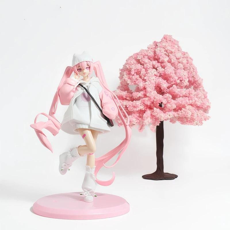 Felpa con Cappuccio Figura Hatsune Miku Coda di Cavallo Doppia Rosa Stile Curativo Modello in PVC Carino Decorazione da Scrivania Oggetto da Collezione Regalo Per i Fan