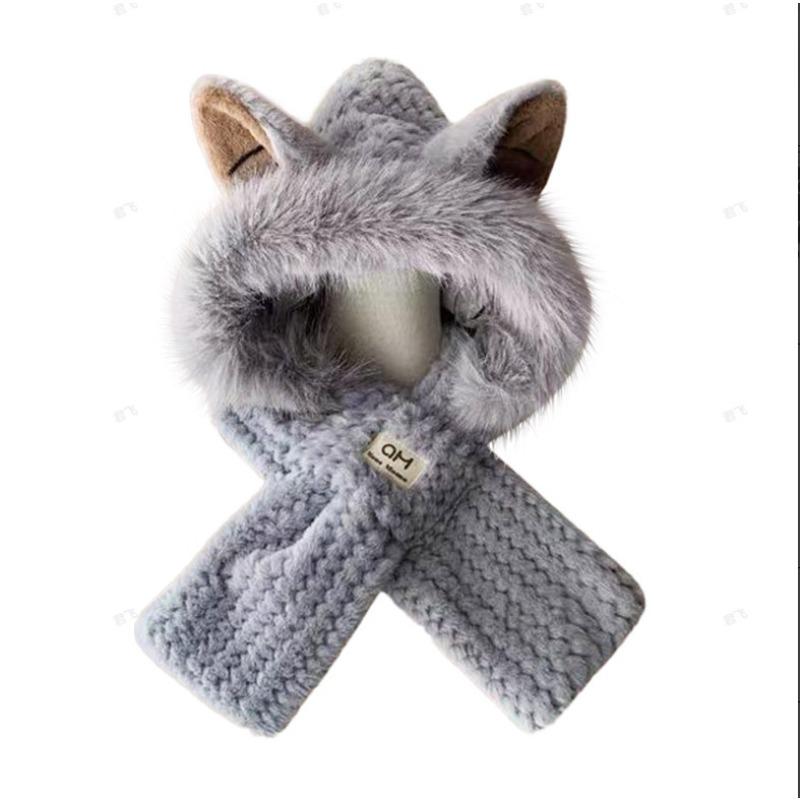 Plush hat scarf integrated women's new winter cute woven scarf gloves three-piece set thickened warm