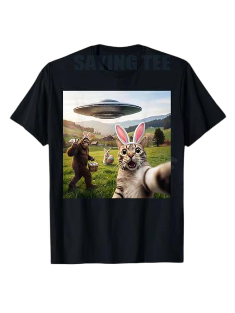 Funny Cat Selfie and Easter Bunny Bigfoot UFO Alien Unisex and Womens Tshirt Summer Y2k Fashion Street Dress Pattern Novelty Gift S