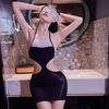 Hollow Out Waist Sexy Lace Bellyband Glossy Bodycon Dress Thin Temptation Strap One-Piece Oil Silk Stockings Lingerie