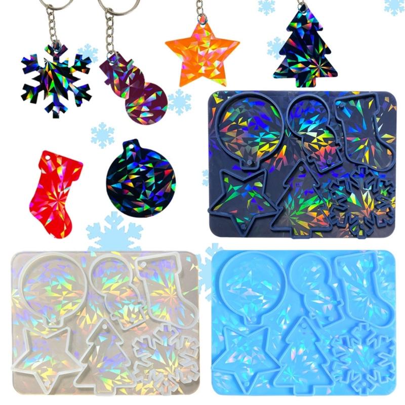 Holographic Christmas Silicone Mold for DIY Ornaments Snowman Resin Mold Christmas Tree Snowflake Pendant Epoxy Molds