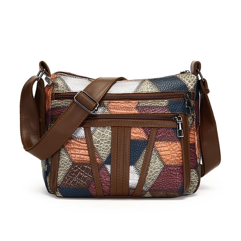 Women's Large Capacity Soft Leather Patchwork Crossbody Bag - Retro Multi-pocket Shoulder Bag for Work & Commute.
