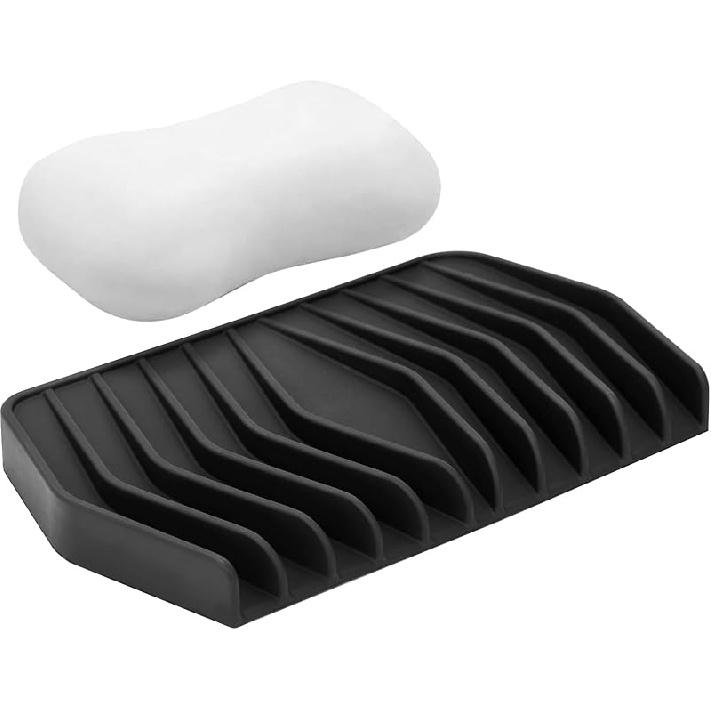 Extended Silicone Soap Dish for Shower Bar Soap Holder Soap Tray, Self Draining Soap Dish Soap Saver Sponge Holder for Bathroom Kitchen Sink Counter 6.1 x3.5