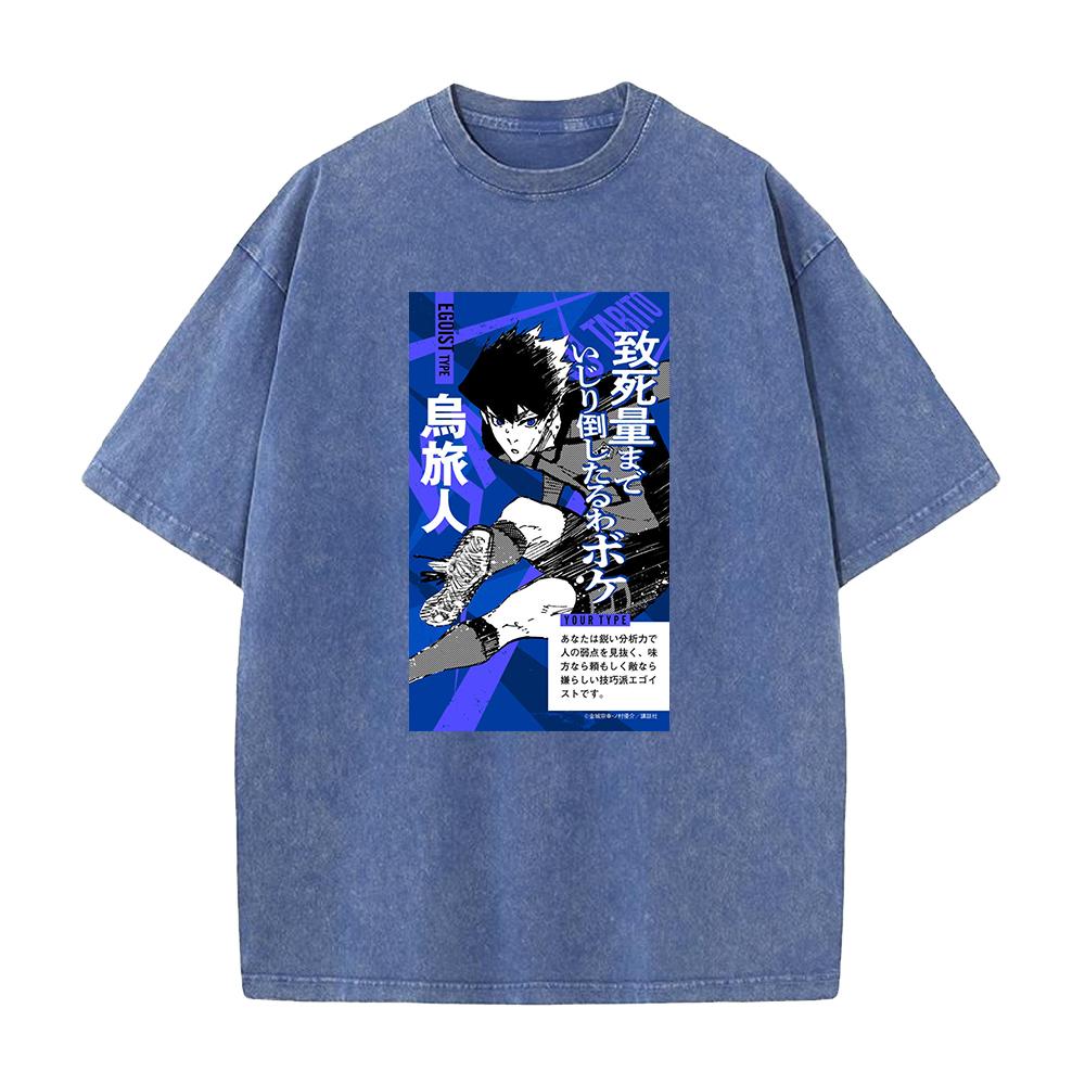 BLUE LOCK Anime Clothing Karasu Tabito Cool Print Washed T Shirt Men Street Cotton Tshirts Washed Manga Tee Harajuku T-shirt