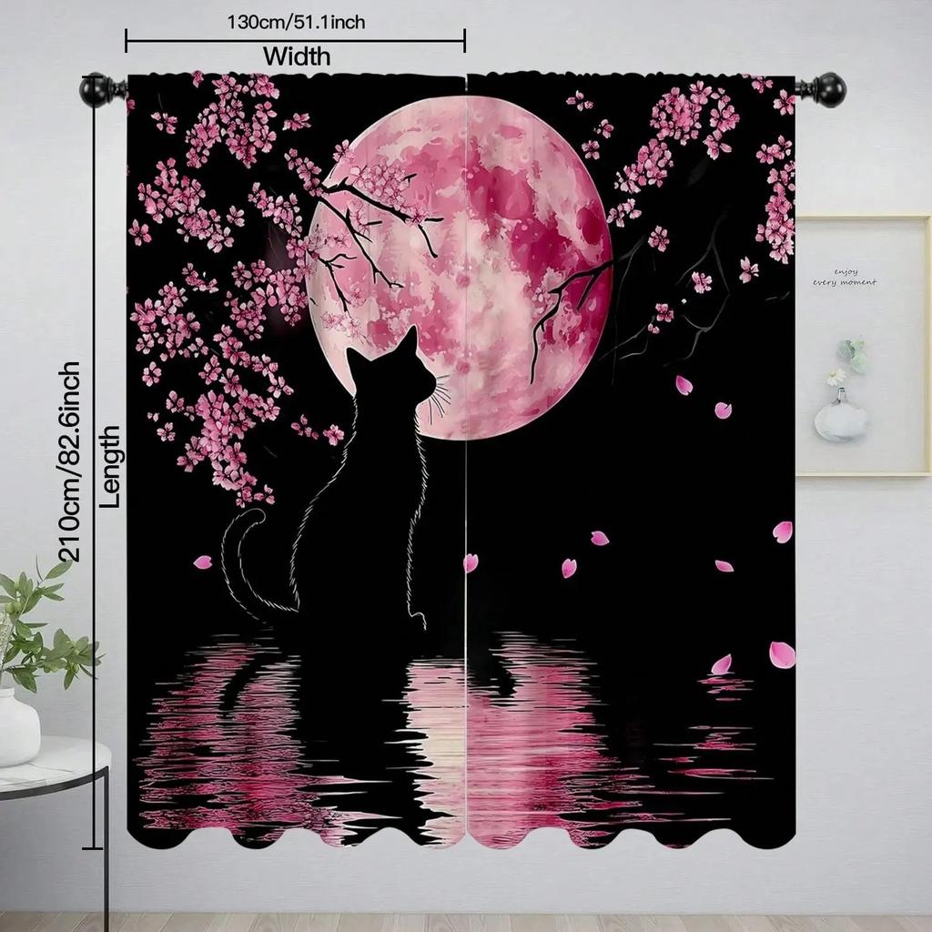 Jit Dreamy Floral Curtain Cherry Blossom Cat Design Polyester Drapes Home Decor Holiday Window Trea Curtains Light Blocking Set Of 2 Made With Rod