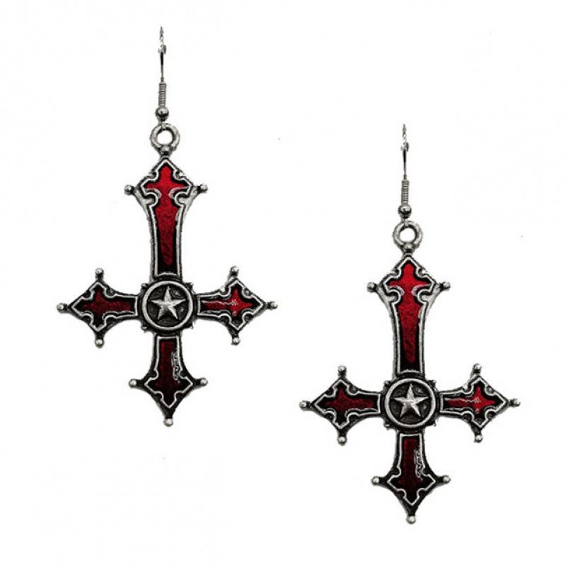 Cross Gothic Matte Black & Antique Silver Earrings with Red Pentagram