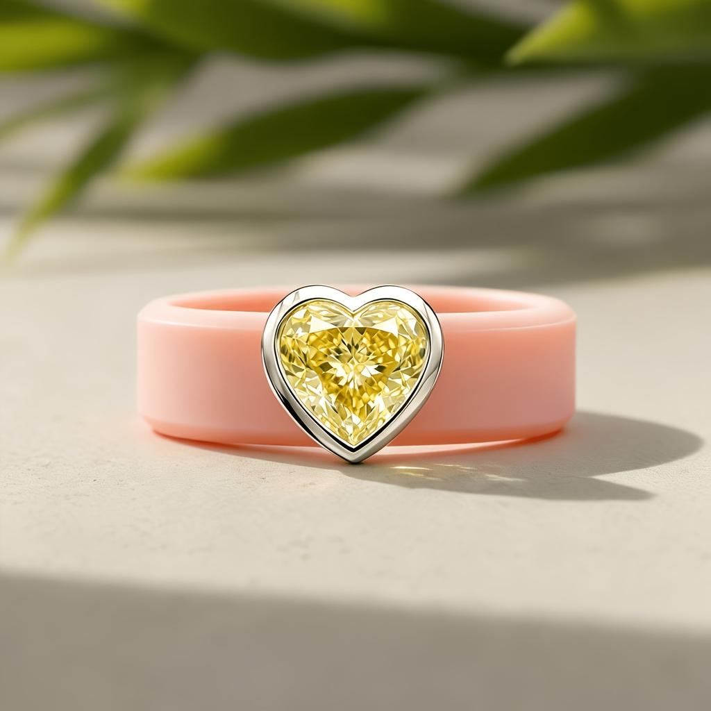 14K Golden Plated khaki Skin-safe Silicone  Ring, Yellow Heart-shaped CZ Ring,Stylish Jewelry for Everyday