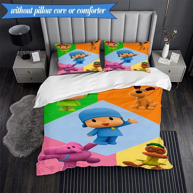 3-teiliges Pocoyo's Buntes Abenteuer Bettwäsche-Set 2D-Druck (Enthält 1 Bettbezug + 2 Kissenbezüge Ohne Füllung), Schlafzimmerdekoration, Ventilatorgeschenk