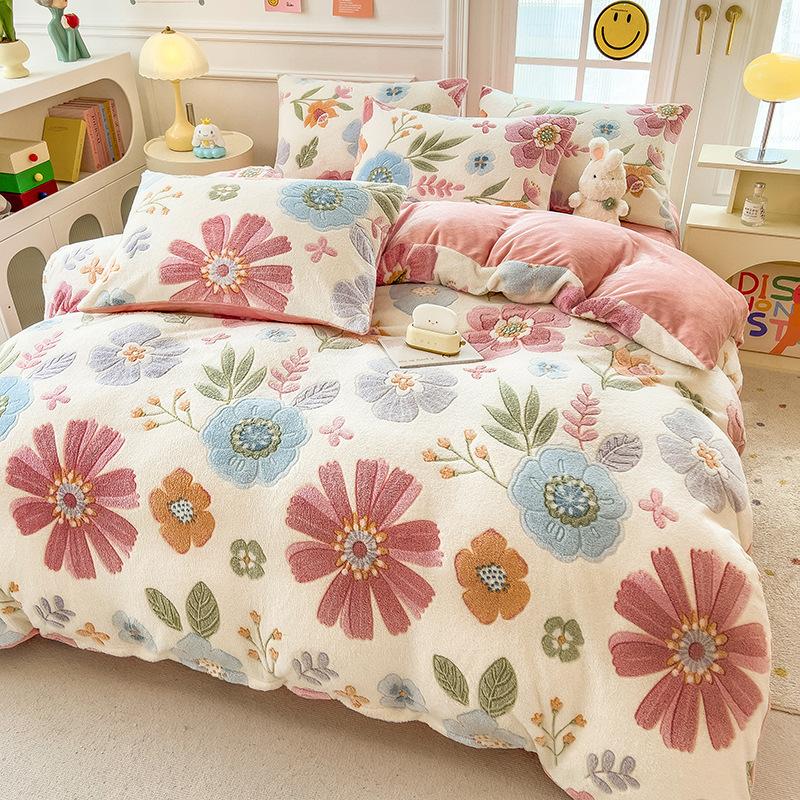 Winter Milk Fleece Bedding Four-piece Set Double-sided Fleece Thickened Sheets Quilt Cover Pillowcase