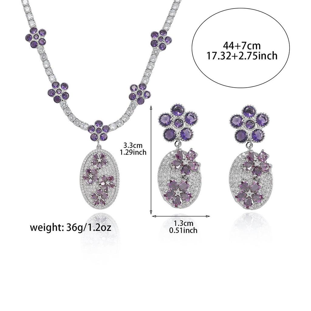 Purple Zirconia Flower Pendant Clavicle Necklace Set – European & American Style for Women