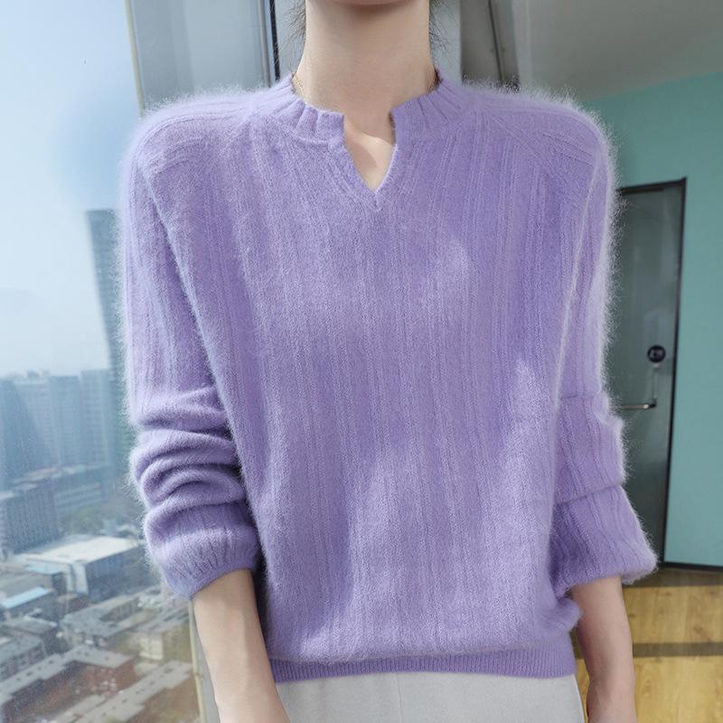 Women's Mink Cashmere V-Neck Sweater - Autumn/Winter 2025 Loose Fit, Short Solid Color, Knitted Wool Pullover Jumper