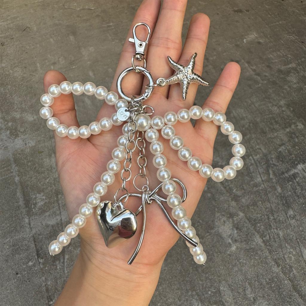 Elegant Pearls Bowknot Keychain Charms Fashion Pearls Bowknot Keychain for Women Exquisite Beaded Keyring Accessories