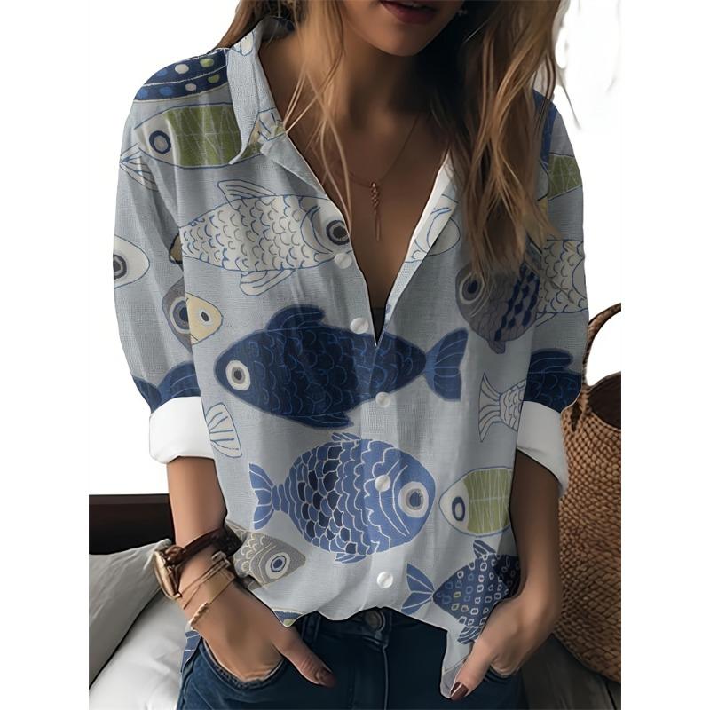 Damen Revers Hemd Tops Lässig Langarm Knöpfe Hemden Damen Tops Lustiges Katzenmuster Damenhemden Damen